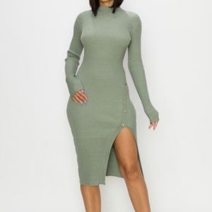 Midi Long Sleeve Ribbed Dress With Slit in Olive